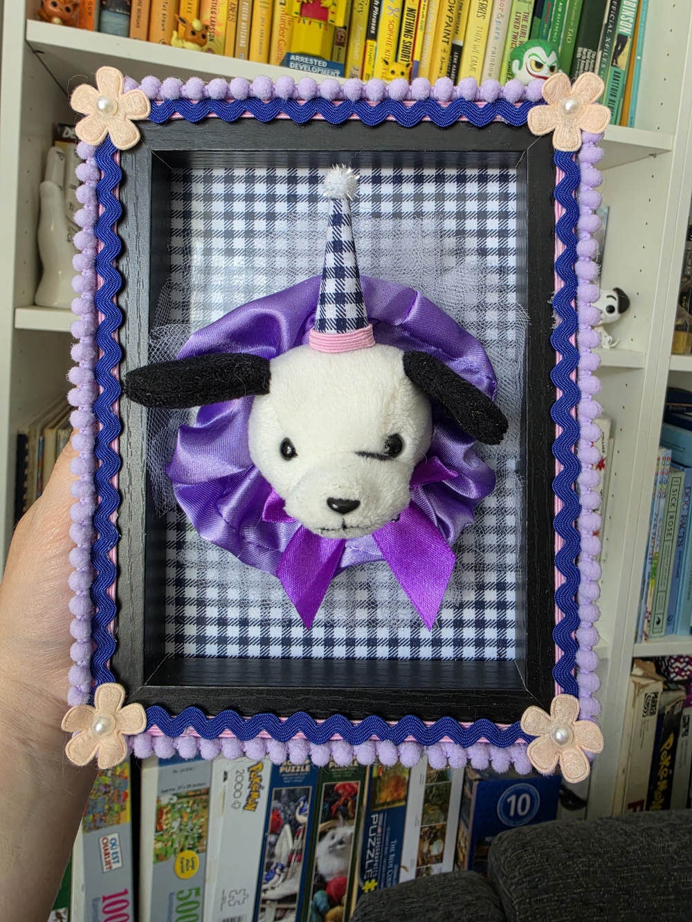 Handmade Plush Puppy Wall Art with Purple Satin Collar